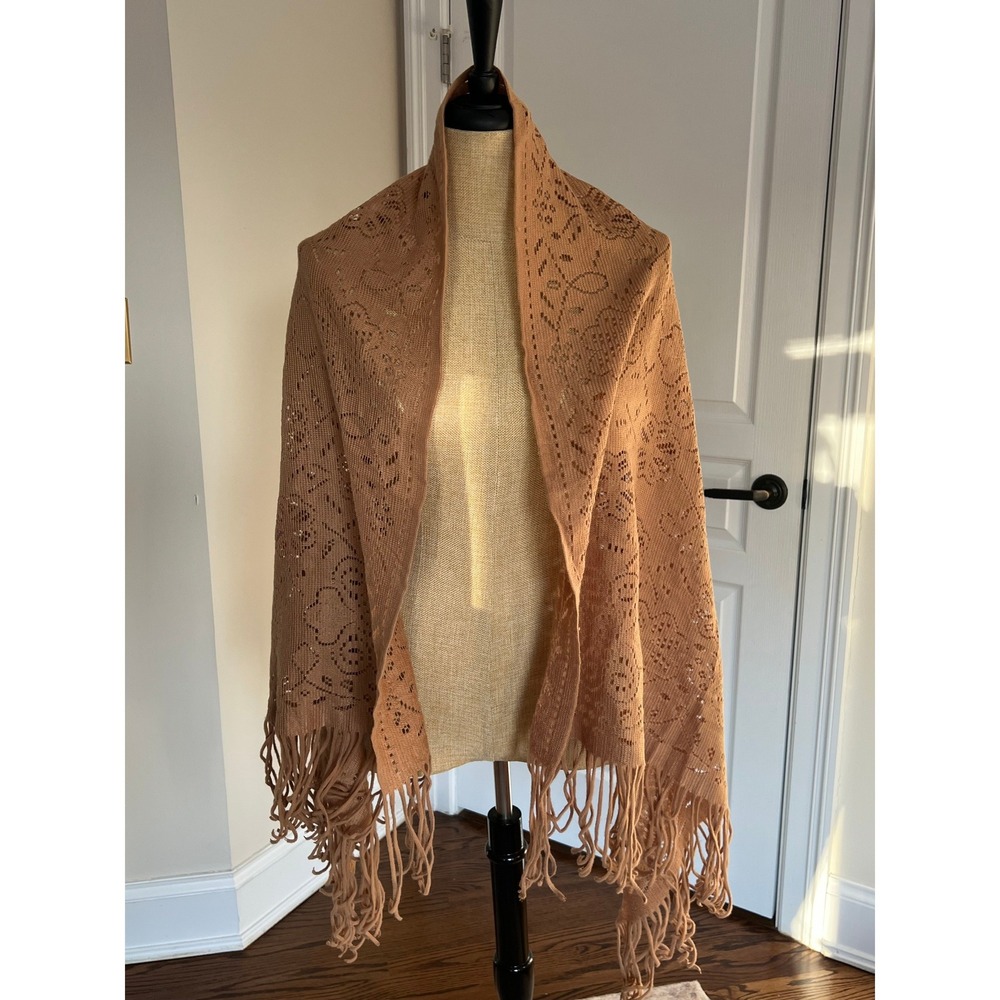 Elegant Tan Light Knit Scarf Shawl Wrap Fringe Boho Festival Accessory